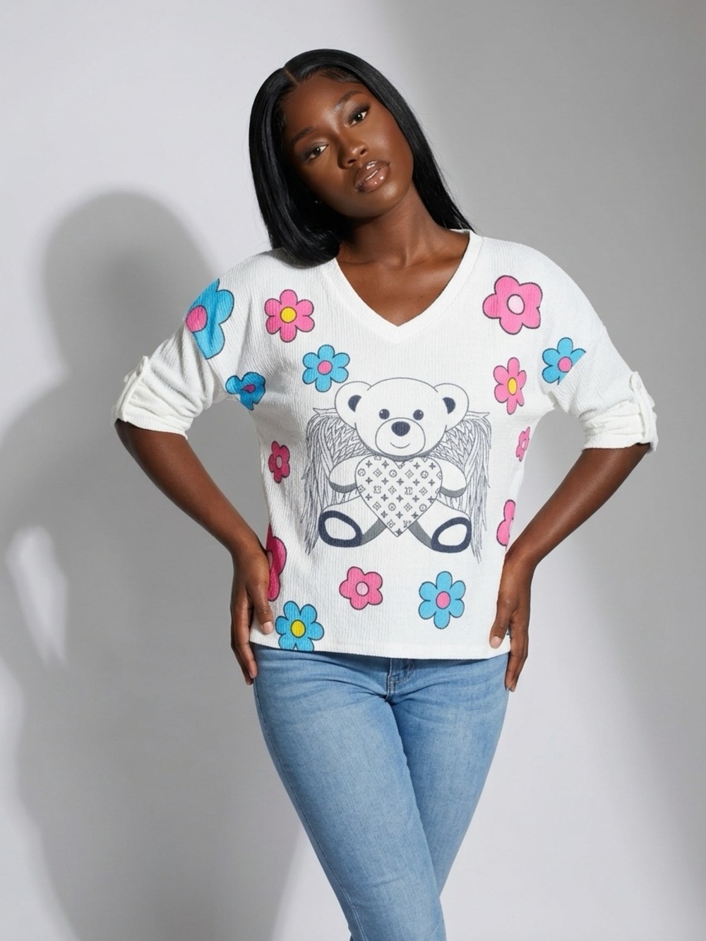 Cute Teddy Bear Floral Sweater Plus Size 2X Oversized Y2K Coquette Top